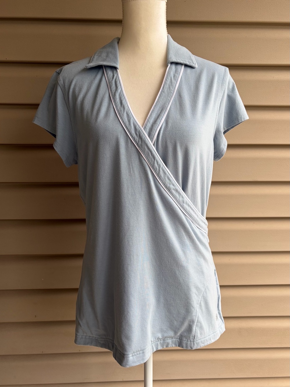 •Athleta• Light Blue/Gray Faux Wrap Bamboo Blend Collared Top - Size XL